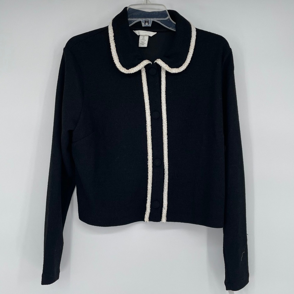 H&M Women Black Cardigan Sweater‎ White Trim Peter Pan Collar Size L